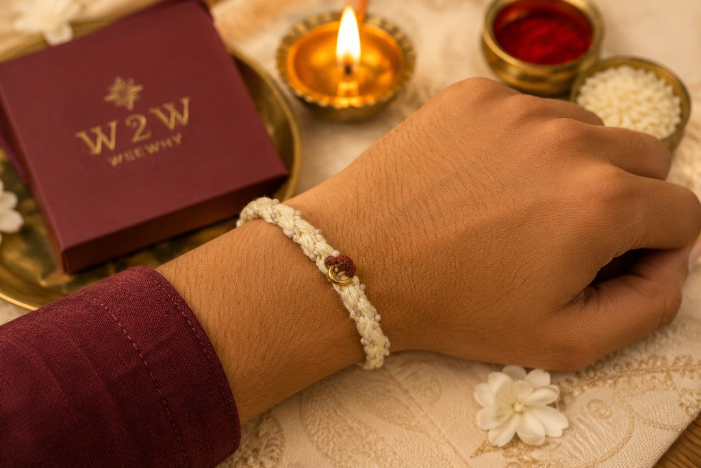 Cream Macramé Rudraksha Bhai Rakhi