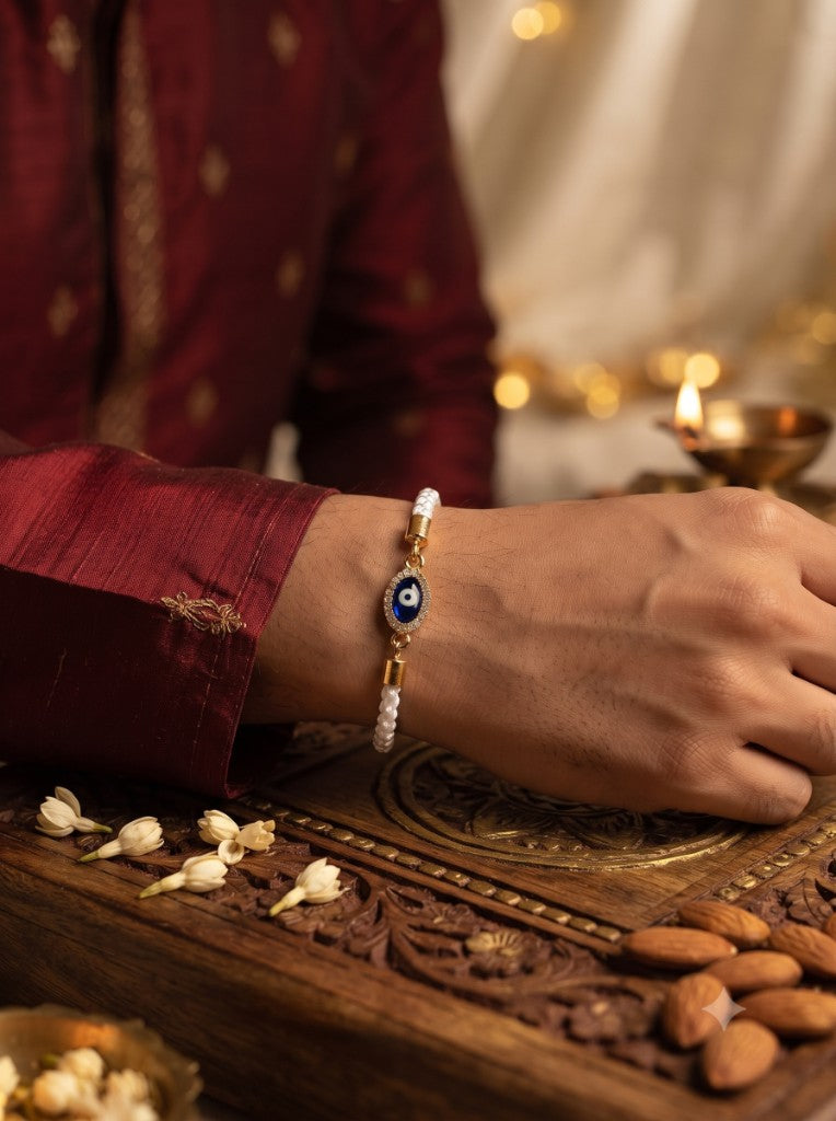 Crystal Evil Eye White Cord Bhai Rakhi