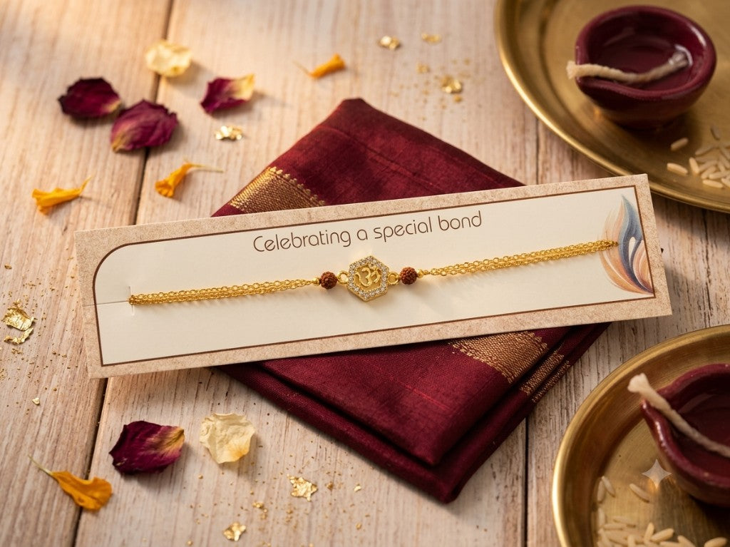 Om Crystal Hexagon Gold Chain Bhai Rakhi