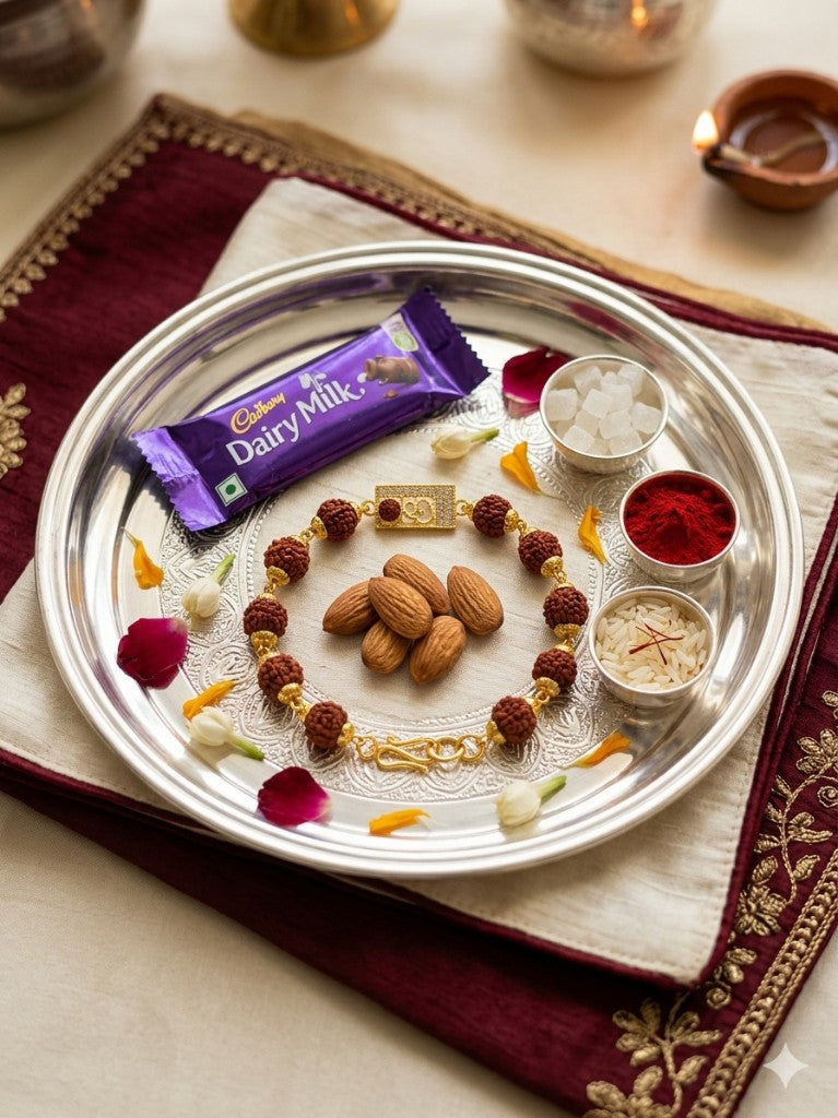 Om Rudraksha Gold Chain Bhabhi Rakhi — festive thali set