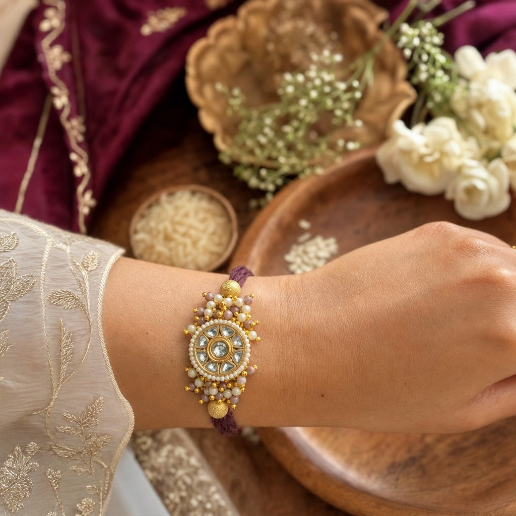 Purple Kundan Pearl Bhabhi Rakhi