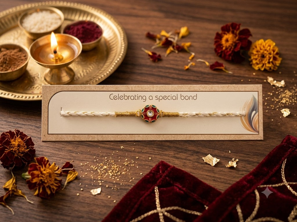 Red Enamel Cream Cord Bhai Rakhi