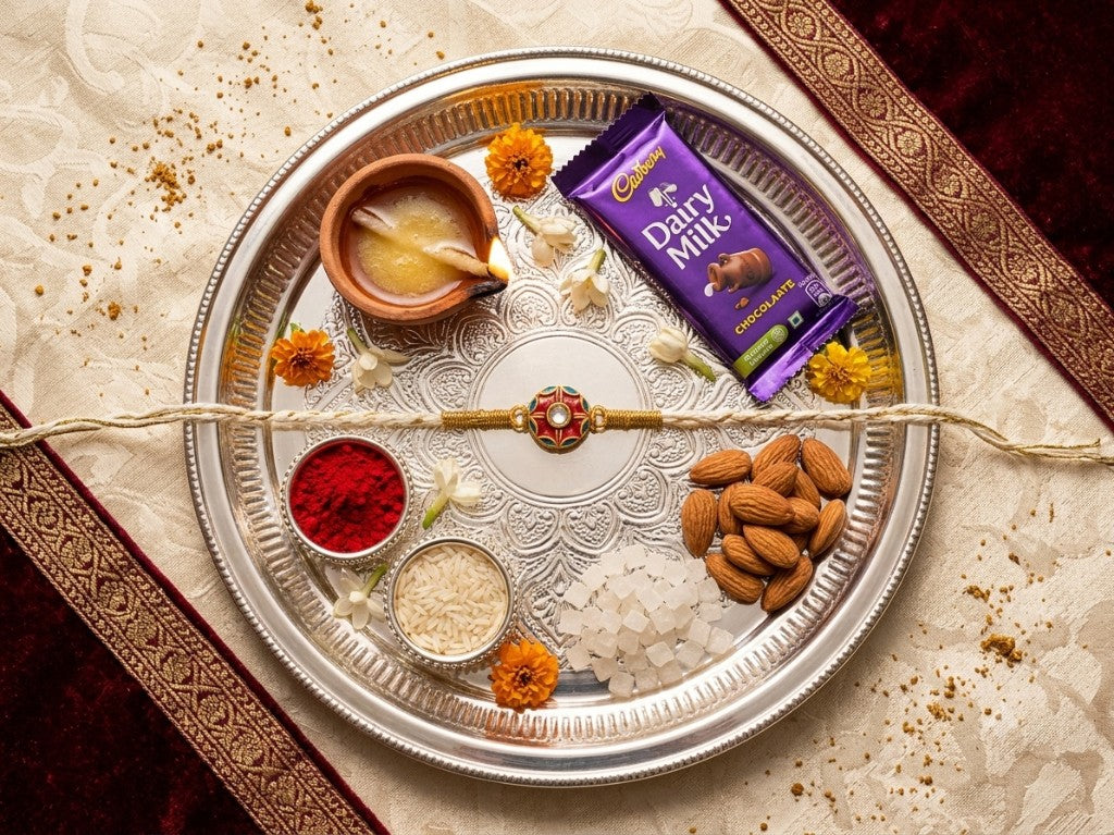 Red Enamel Cream Cord Bhai Rakhi
