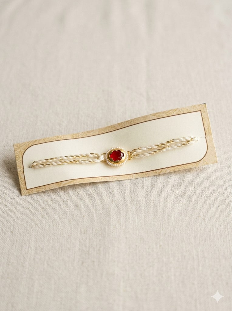 Red Floral Pearl Cream Bhai Rakhi