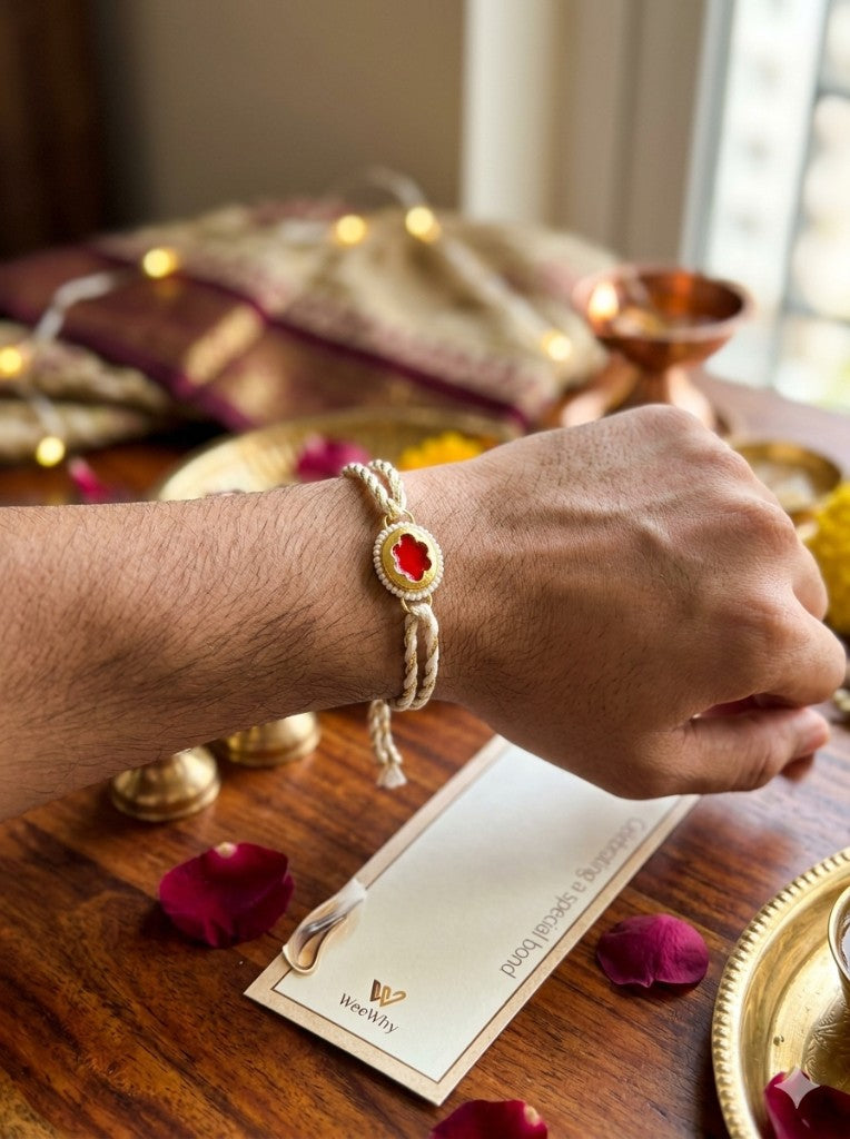 Red Floral Pearl Cream Bhai Rakhi