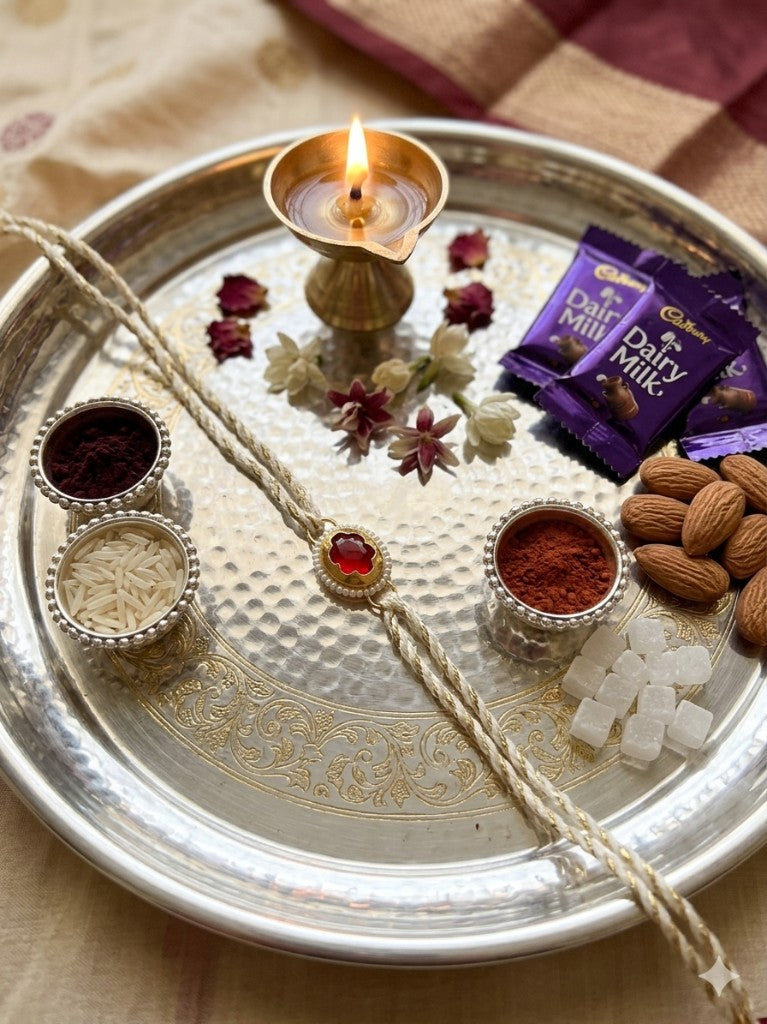 Red Floral Pearl Cream Bhai Rakhi
