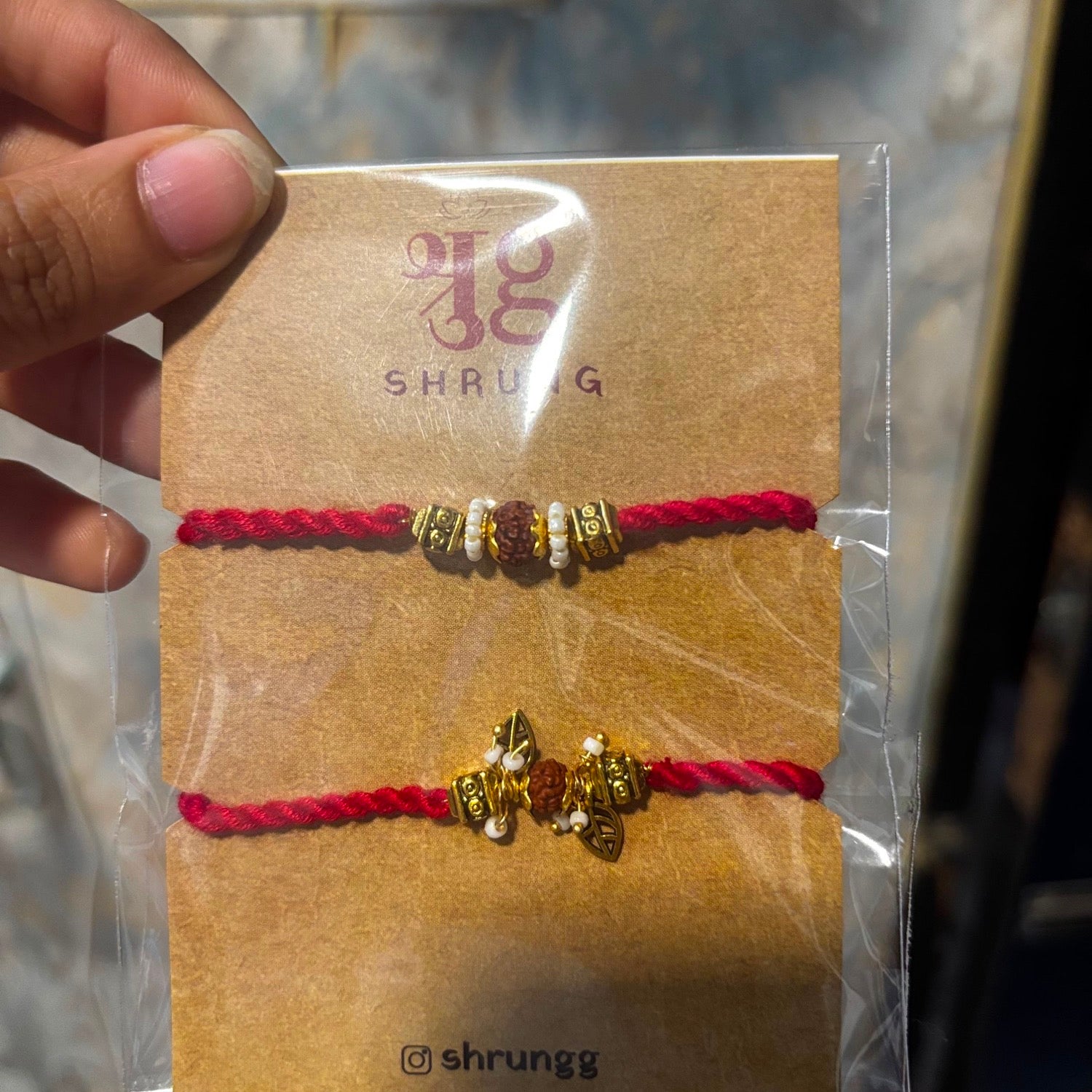 Rudraksha Red Gold Couple Rakhi Set