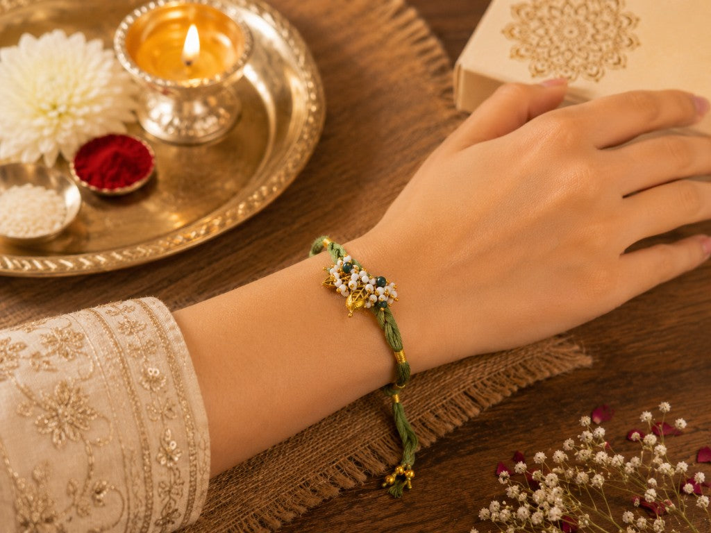 Sage Green Pearl Leaf Bhabhi Rakhi