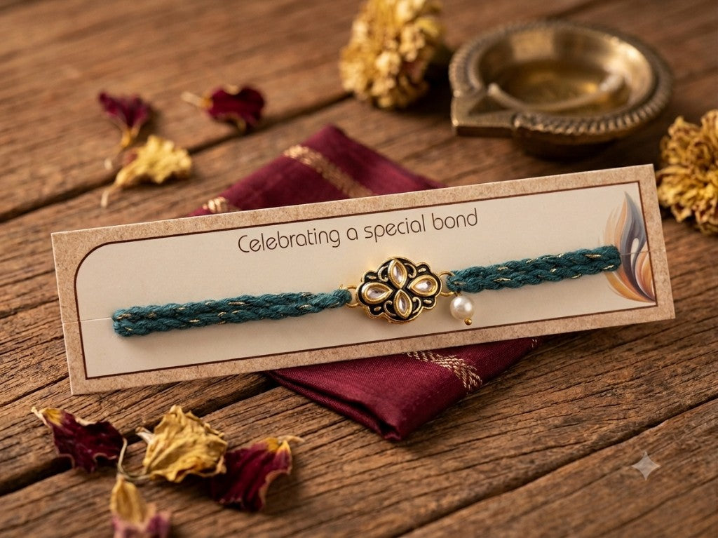 Teal Floral Kundan Pearl Bhabhi Rakhi
