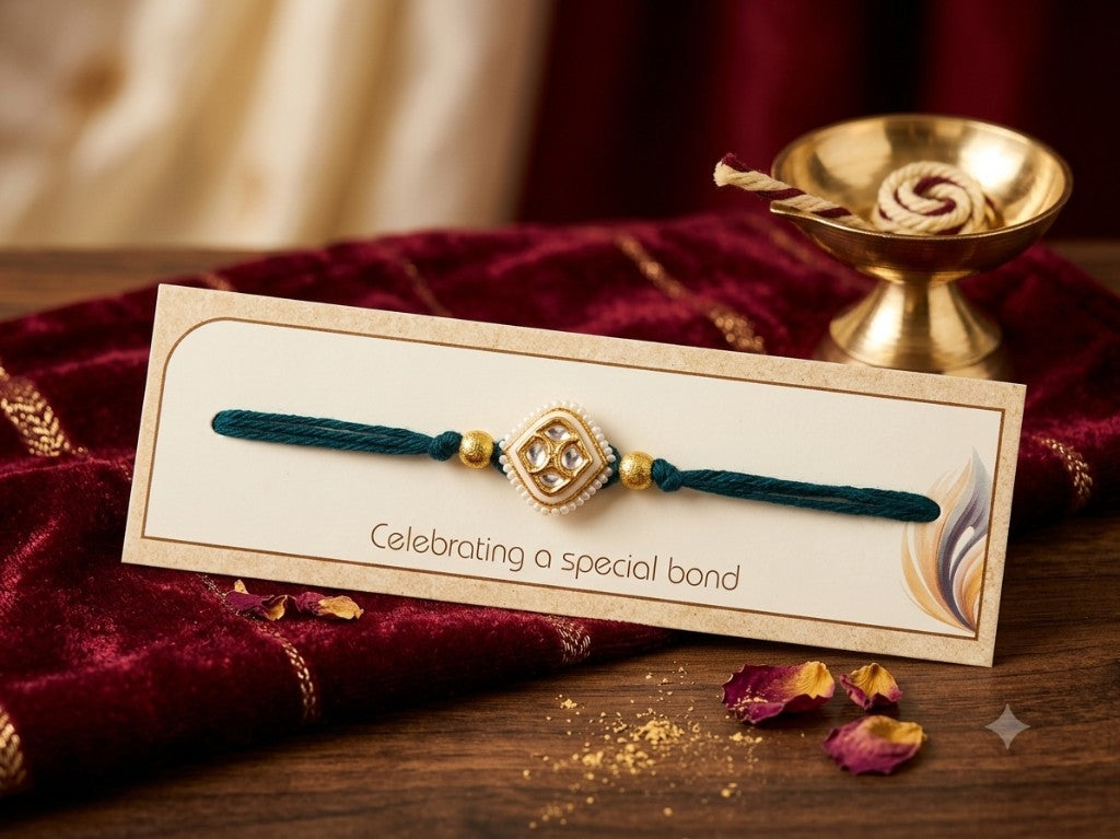 Teal Kundan Pearl Bhai Rakhi