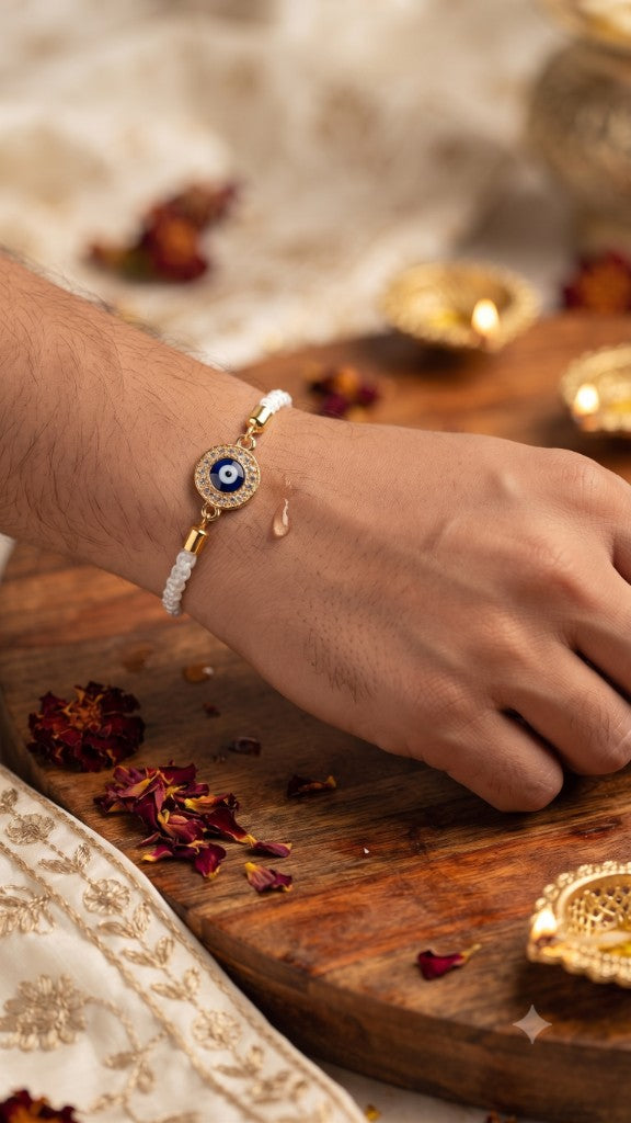 White Braided Crystal Nazar Bhai Rakhi